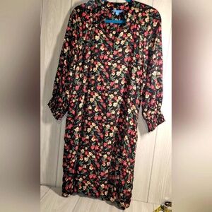 Draper James Midi Dress Autumn Floral Black Red Yellow Tie Back 3/4 Sleeve XL